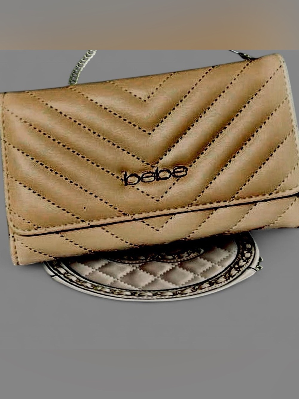 bebe Quilted Tan Crossbody with Chain Accent